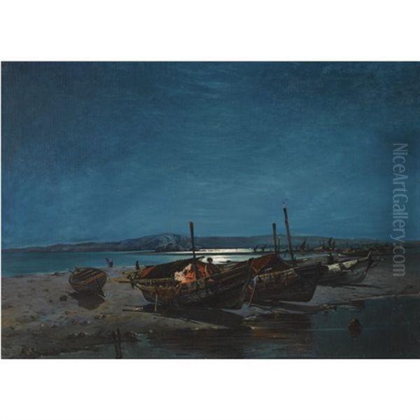 Fishing Boats By Moonlight Oil Painting by Vasilios Chatzis