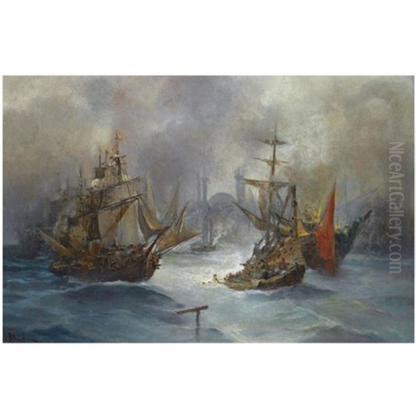 Ships Off The Coast Of Constantinople Oil Painting by Vasilios Chatzis