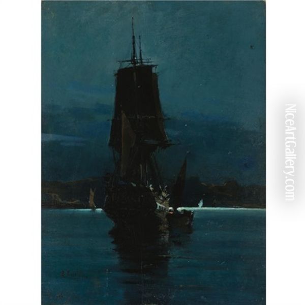 Ship By Night Oil Painting by Vasilios Chatzis