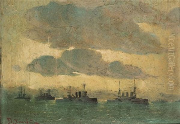 Greek War Ships In The Aegean Oil Painting by Vasilios Chatzis