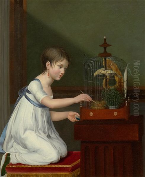 Girl Feeding The Birds Oil Painting by Jeanne Elisabeth Chaudet