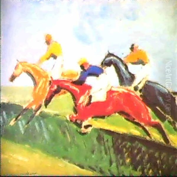 Jockeys D'obstacles Oil Painting by Jean Raoul Chaurand-Naurac