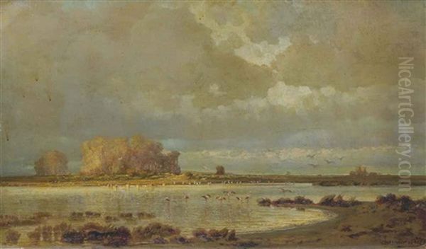 Paysage De Camargue Aux Flamants Roses Oil Painting by Ernest Georges Chauvier de Leon