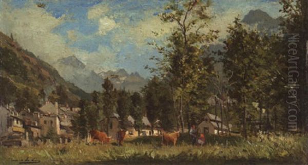 Gebirgstal Mit Ansiedlung Und Staffagen Oil Painting by Ernest Georges Chauvier de Leon