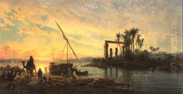 Felouques Et Barques Devant L'lle De Philae Oil Painting by Ernest Georges Chauvier de Leon