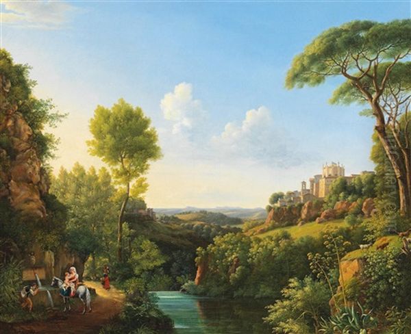 Italian Landscape With Travellers By The Fountain Oil Painting by Pierre Athanase Chauvin