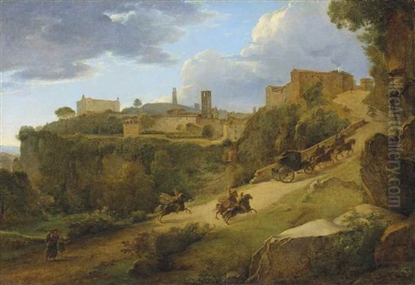 An Italianate Landscape With A Carriage Surrounded By Cuirassiers Entering Acquapendente Oil Painting by Pierre Athanase Chauvin