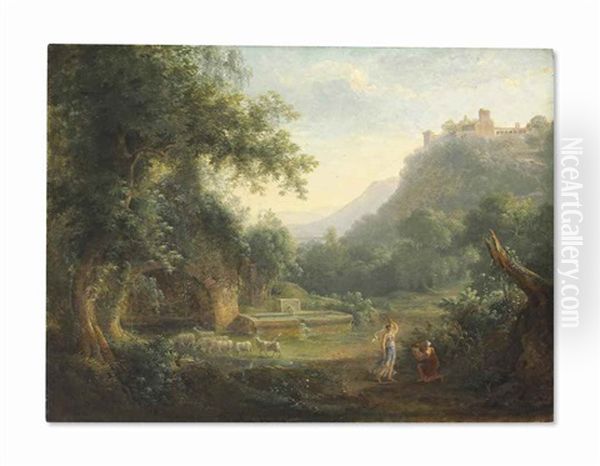 An Arcadian Landscape With Classical Figures And Sheep By A Pond, A Castle On A Hilltop Beyond Oil Painting by Pierre Athanase Chauvin