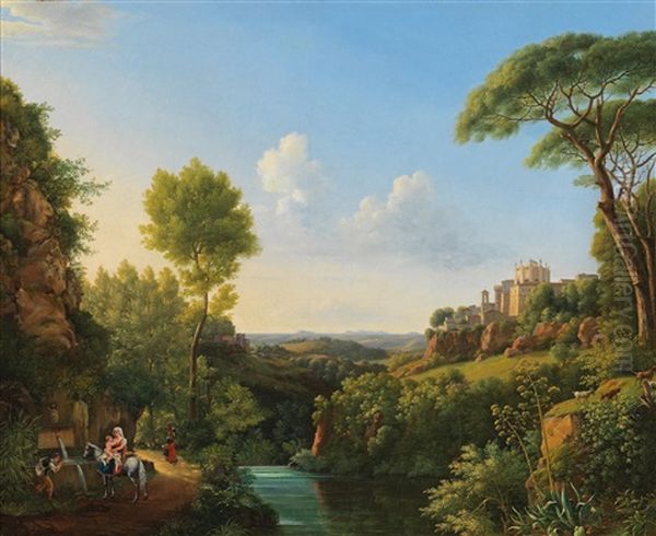 Italian Landscape With Travellers By A Well Oil Painting by Pierre Athanase Chauvin