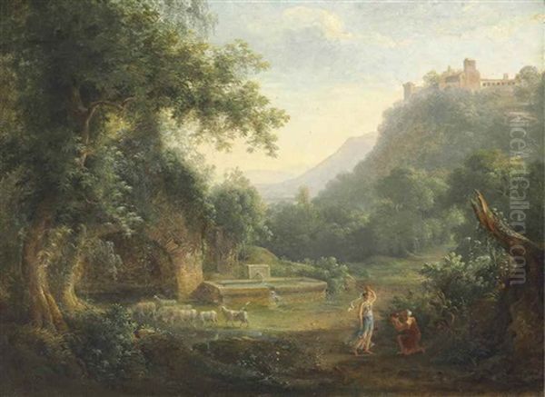 An Arcadian Landscape With Classical Figures And Sheep By A Pond, A Castle On A Hilltop Beyond Oil Painting by Pierre Athanase Chauvin