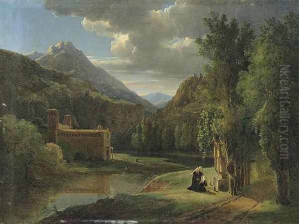 Nonnes Priant Devant Une Chapelle, Une Eglise Et Des Montagnes A L'arriere-plan Oil Painting by Pierre Athanase Chauvin