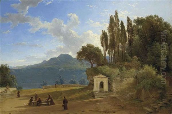 Monks Before Lake Nemi, Italy Oil Painting by Pierre Athanase Chauvin