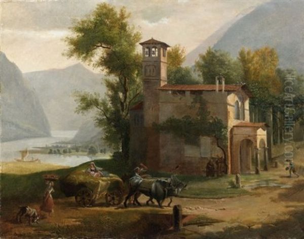 Vue D'une Chapelle Au Bord D'un Lac Oil Painting by Pierre Athanase Chauvin