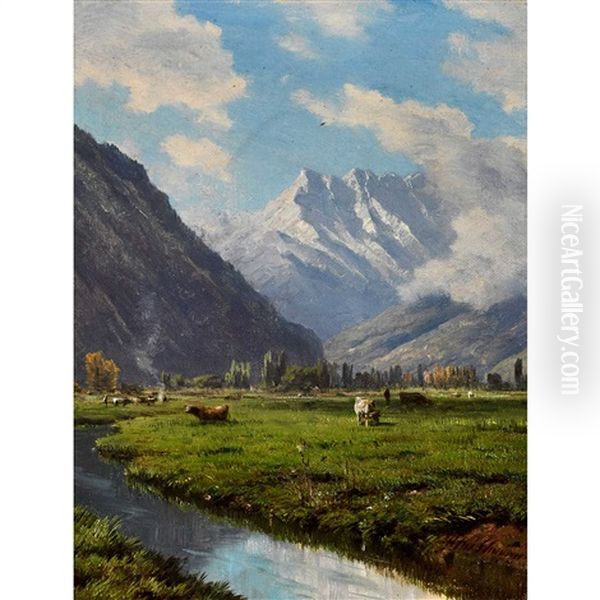 Weidende Kuhe Mit Blick Auf Die Dents-du-midi Oil Painting by Alfred Chavannes