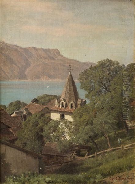 Vue Sur Le Clocher De L'eglise De Chardonne Et Le Leman Oil Painting by Alfred Chavannes