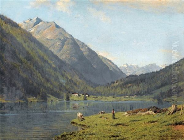 Bergsee Mit Schaferin Und Kuhen Oil Painting by Alfred Chavannes