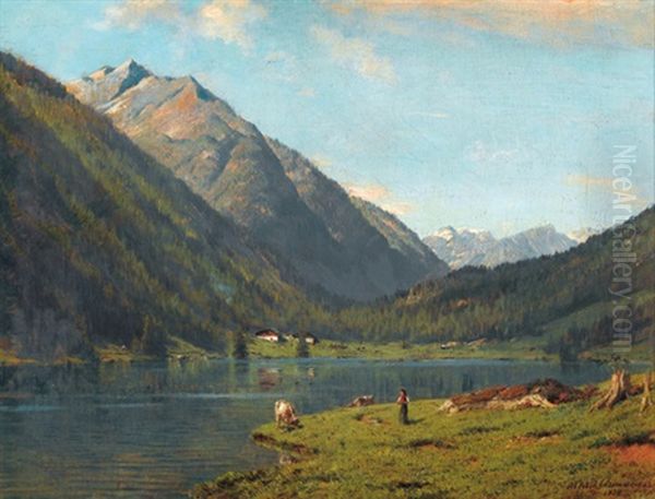 Gebirgssee Mit Schaferin Und Kuhen Oil Painting by Alfred Chavannes