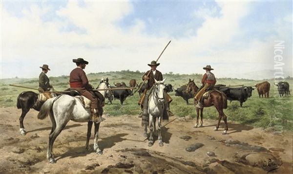 Garrochistas: Herding The Cattle Oil Painting by Jose Chaves