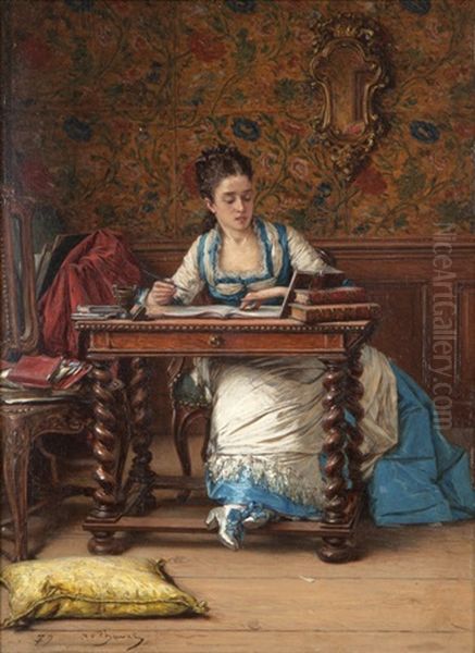 Woman Copying From A Book In An Ornate Interior Oil Painting by Victor Joseph Chavet