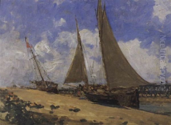 Fischerboot Am Strand Von Trouville Oil Painting by Victor Joseph Chavet