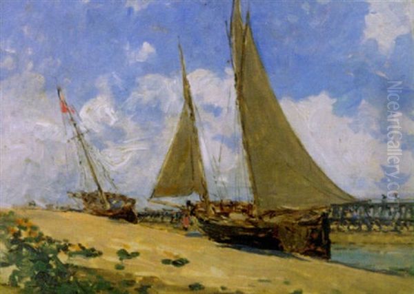 Fischerboot Am Strand Von Trouville by Victor Joseph Chavet