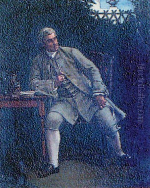 Portrait Of A Gentleman, Seated  By His Desk, In A Garden Oil Painting by Victor Joseph Chavet