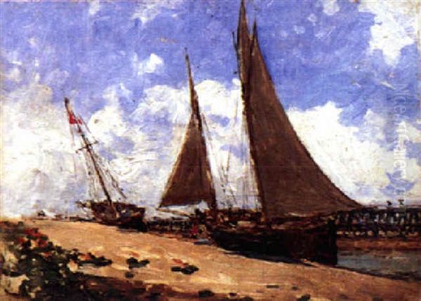 Strand Mit Segelschiffen Unter Leicht Bewolktem Himmel Oil Painting by Victor Joseph Chavet