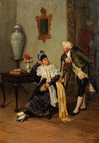 Interior Scene With Seated Lady And Gentleman Attending Her Oil Painting by Jose Chavez y Artiz