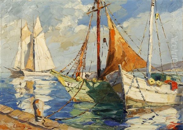 Boats In A Mediterranean Harbour Oil Painting by Georges Chavignaud