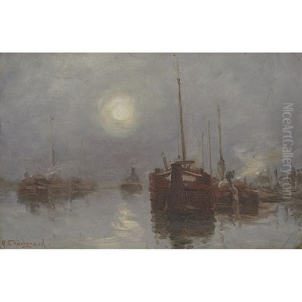 Harbour In Moonlight Oil Painting by Georges Chavignaud