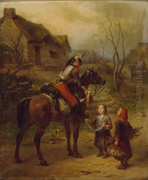 Berittener Chevauleger Gibt Zwei Kindern Einen Brotlaib Oil Painting by Eugene-Louis Chayllery