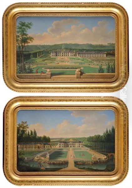 Vue Du Chateau De La Brosse, Cote Cour (+ Vue Du Chateau De La Brosse Cote Jardin; Pair After Royers) Oil Painting by Antoine Chazal