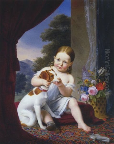 Portrait De Fillette Assise Tenant La Tete De Son Petit Chien Dans Ses Bras Oil Painting by Antoine Chazal