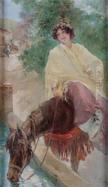 Joven Murciana A Caballo Oil Painting by Ulpiano Checa Sanz