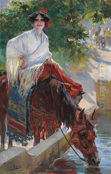 Watering The Horse Oil Painting by Ulpiano Checa Sanz