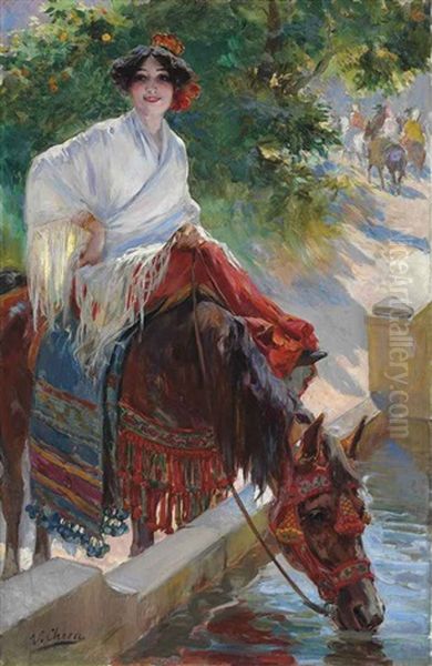 Watering The Horse Oil Painting by Ulpiano Checa Sanz