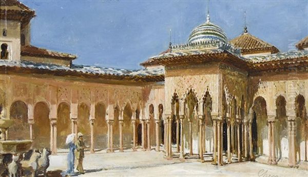 El Patio De Los Leones De La Alhambra Oil Painting by Ulpiano Checa Sanz