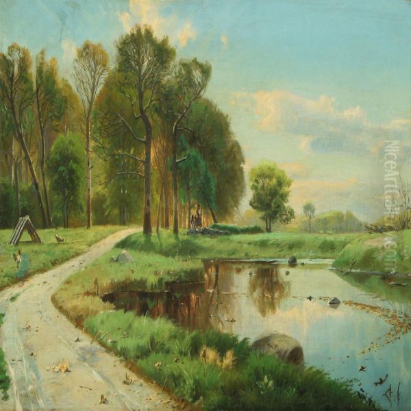 Forest With Cart Ona Path Along A Lake Oil Painting by Julius Andersen