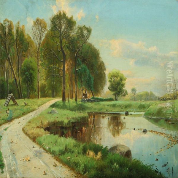 Forest With Cart On A Path Along A Lake Oil Painting by Julius Andersen