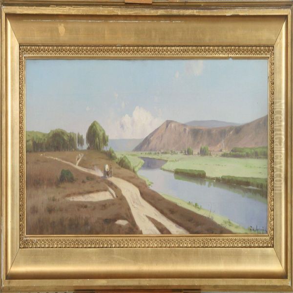 Landscape Scenery Witha Steam Oil Painting by Julius Andersen