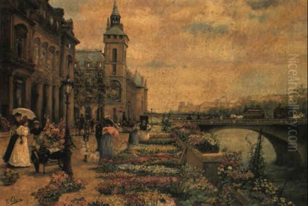 A Flower Market On The Seine Oil Painting by Ulpiano Checa Sanz