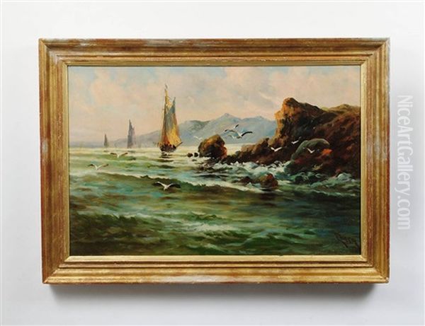 Rocky Coast With Boats And Gulls Oil Painting by Felipe Checa Y Delicado