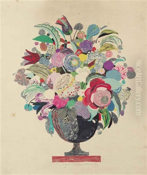 Vase Of Flowers, Projects For A Screen (2 Works), And Branched Bird (4 Works) Oil Painting by Sergei Vasil'evich Chekhonin