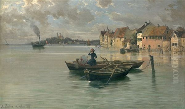 Kahnpartie Bei Uberlingen (+ Abendstimmung Bei Konstanz; 2 Works) Oil Painting by Adolf Chelius