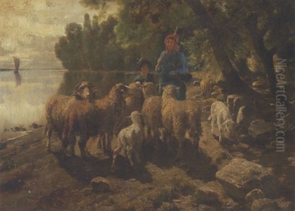 Hirten Mit Schafen Am Seeufer Oil Painting by Adolf Chelius