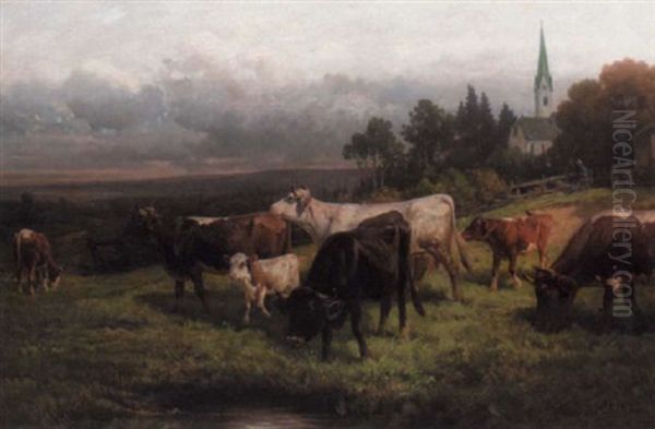 Cows In A Pasture Oil Painting by Adolf Chelius