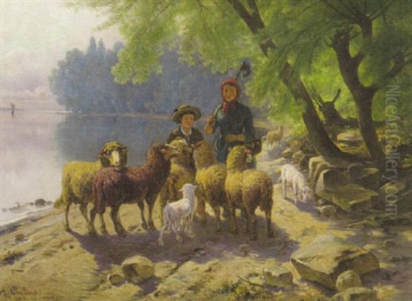 Hirtin Und Huterbub Mit Ihrer Schafherde Am Seeufer Oil Painting by Adolf Chelius