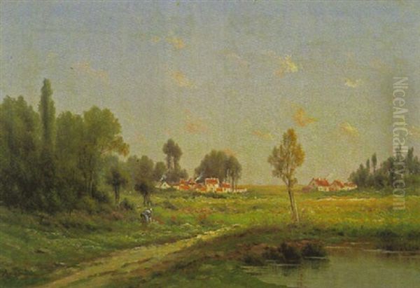 Sommerlandschaft Mit Einem Weiher Vorne Rechts Und Links Einer Bauerin Bei Der Feldarbeit Oil Painting by Adolf Chelius