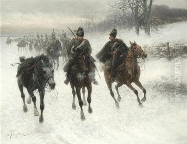 A Column Of Cavalry Officers Oil Painting by Jan van Chelminski