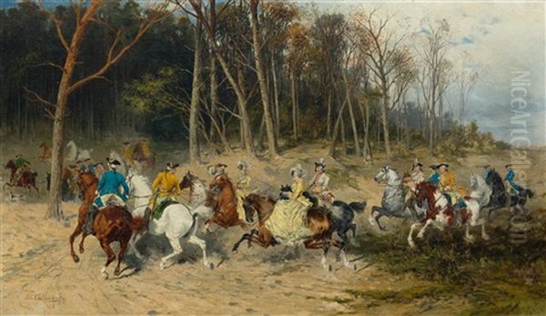 Galante Jagdgesellschaft Zu Pferd Oil Painting by Jan van Chelminski